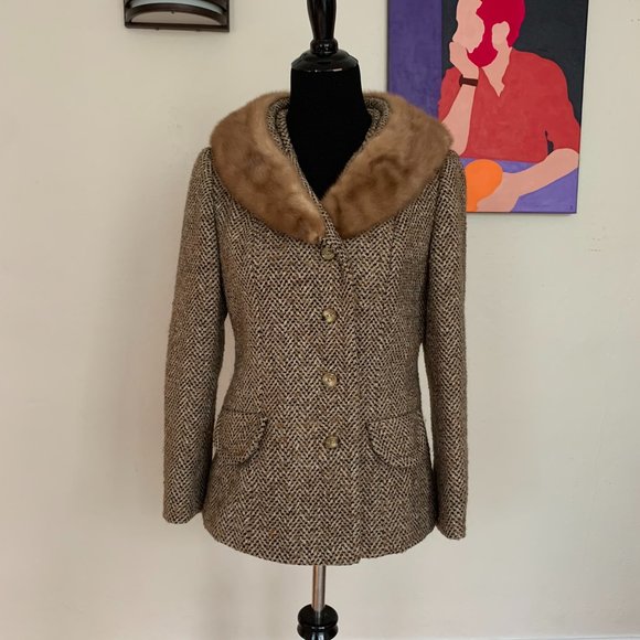 Vintage 60s tweed and fur jacket sz S - Picture 1 of 5